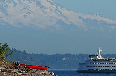 Ferry red kayak mountain snow